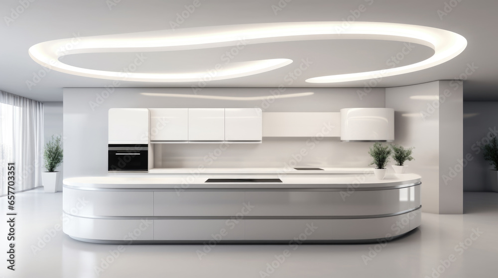 The White Futuristic interior of the kitchen, the design is modern for ideas and inspiration