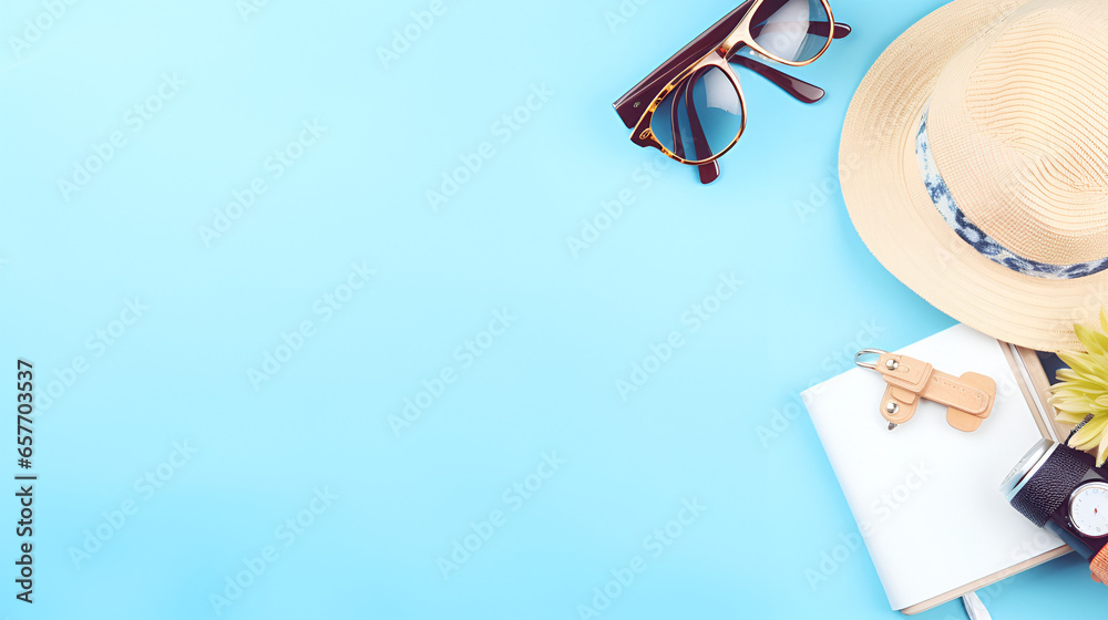 travel essential on blue background  Stylish Travel Essentials on Vibrant Blue Background: Sunglasses, Hat, Wallet, Coffee Cup - Perfect Accessories for Your Next Vacation or Business Trip. - obrazy, fototapety, plakaty 