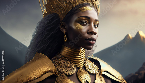 Proud Queen in the morning sun, golden armor, dark fantasy world
