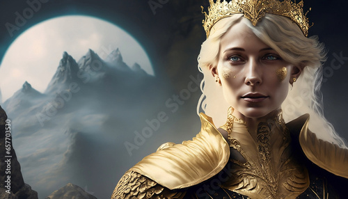 Queen of the Moon Empire - crown and golden armor, full moon, dark fantasy world