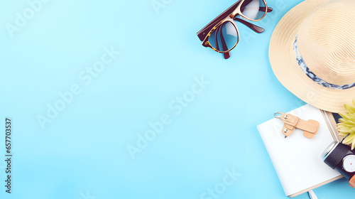 travel essential on blue background  Stylish Travel Essentials on Vibrant Blue Background: Sunglasses, Hat, Wallet, Coffee Cup - Perfect Accessories for Your Next Vacation or Business Trip.