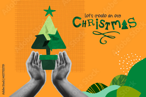 Christmas pine tree recycle symbol concept retro collage mixed media style