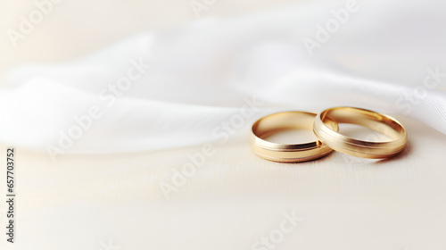 Wedding rings from red gold on white background. Gold wedding rings. Minimalistic rings for wedding, proposal. Saint Valentine Day rings. Ring photo for ads or catalog. Simple wedding rings
