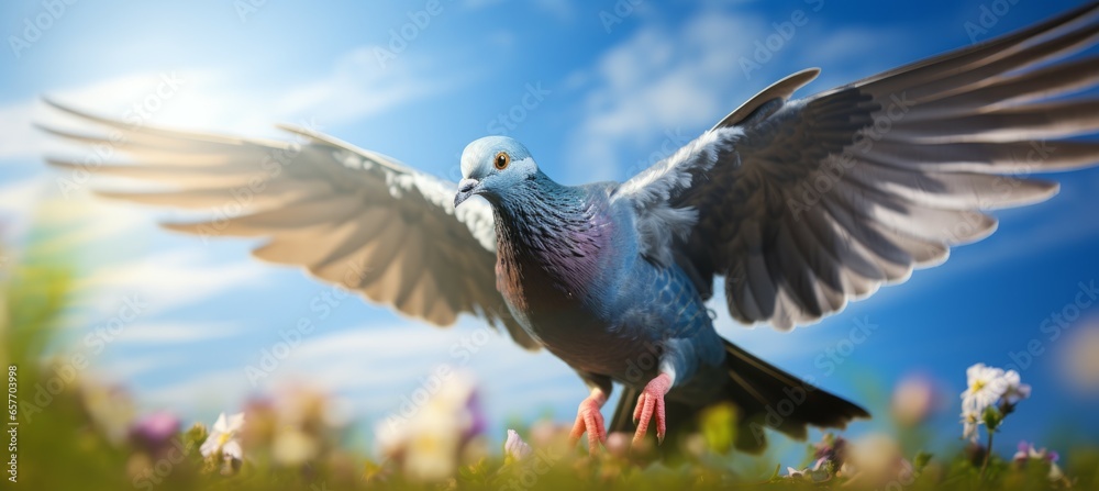 Naklejka premium Flying pigeon. Generative AI technology.
