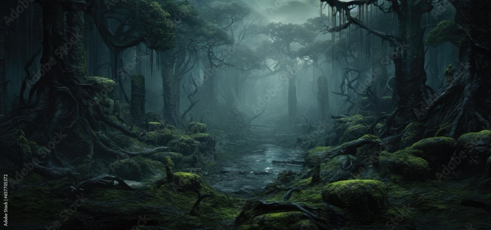 A dense forest with lush green foliage and moss-covered trees - obrazy, fototapety, plakaty 