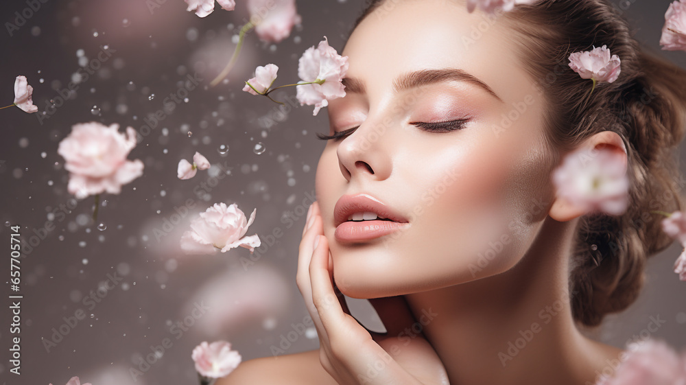 A photo of a woman standing dignified amidst scattered flowers. Cotton, cotton wool, cotton balls. Periods advertisement, Menstrual products. cosmetics photo, beauty industry advertising photo A photo of a woman standing dignified amidst scattered flowers. Cotton, cotton wool, cotton balls. Periods advertisement, Menstrual products. cosmetics photo, beauty industry advertising photo