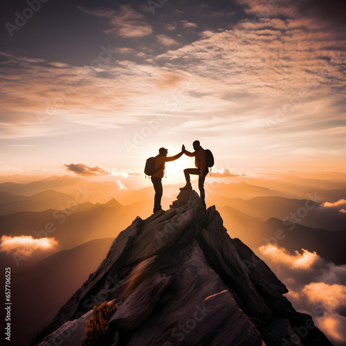 Two people at the top of a mountain giving each other a high five. A concept of teamwork and victory. Generative ai. 
