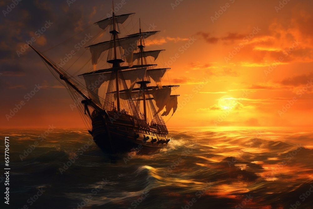 artistic depiction of a ship at sunset. Generative AI