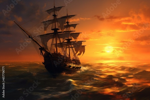 artistic depiction of a ship at sunset. Generative AI © Isabela