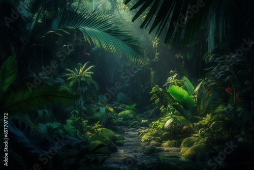 Lush rainforest with dense greenery, neon-colored background, and lots of green plants. Generative AI photo