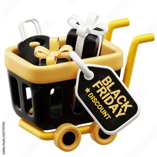 3D icon troly shopping chart black friday discount shopping. Perfect for promotional graphics or marketing materials for the annual shopping event. photo