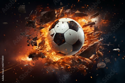 a soccer ball bursting into pieces. Generative AI © Edward