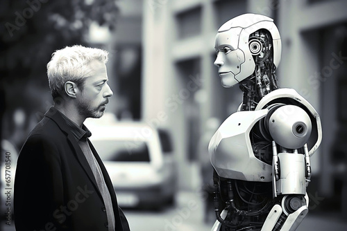 Mature man and robot standing on the street, Human vs. Robot, Labor, Labor Market Impact, Robotics and Employment, AI and Job Replacement, Economic Effects of Automation © Kate Simon