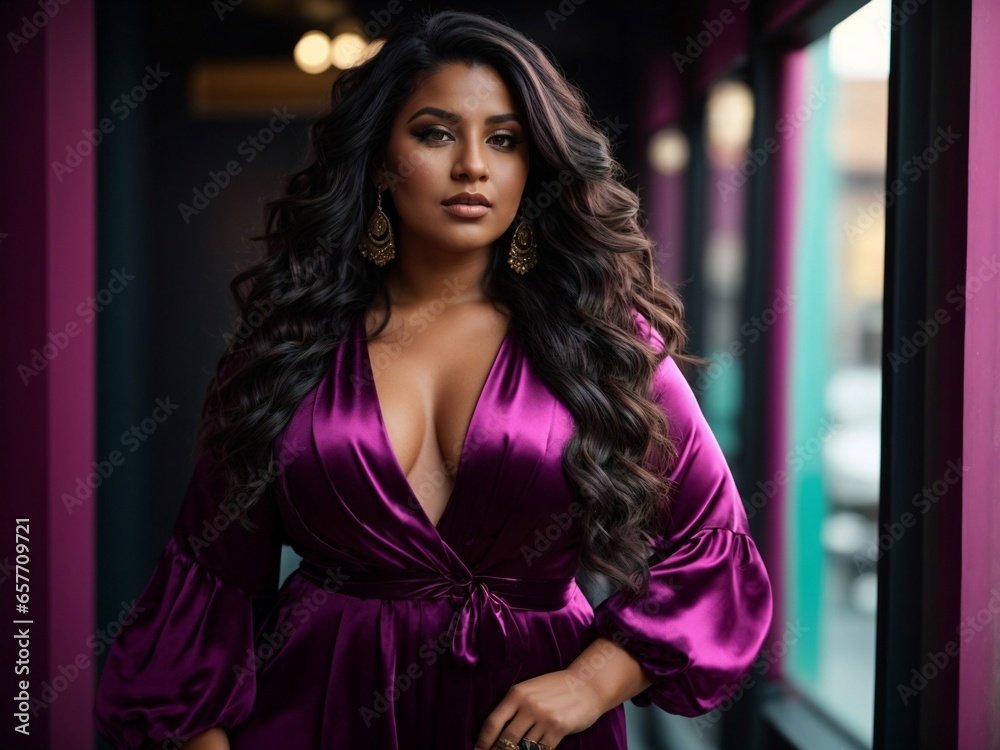 Pale toned European woman, black curvy long hair, nice dress. Studio shot, chiaro scuro, navy blue wall, pink, purple, turquoise tones. plus size model
Pale toned European woman, black curvy long hair, nice dress. Studio shot, chiaro scuro, navy blue wall, pink, purple, turquoise tones. plus size model