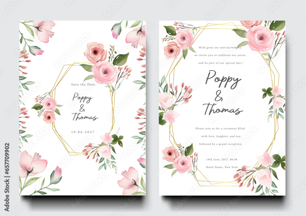 Watercolor blush pink wedding invitation card template set with roses ...
