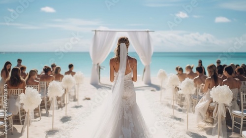 Bride whirls on sand beach near decorated wedding arch with flowers. Tropical summer wedding photo
