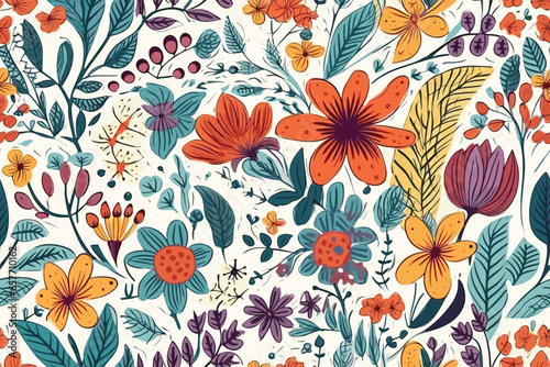 Wild flowers seamless pattern. Poppies, chicory, cosmos flowers, bluebells. Hand drawn watercolor illustration on white background. Generative Ai.
