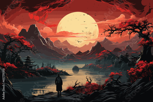 A samurai walking to the sun.