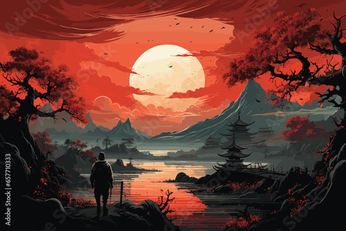 A samurai walking to the sun.
