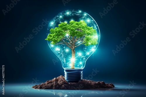 Tree with soil on light bulb. Digital and technology convergence. Blue light and network background. Green computing, technology, ethics concept. Generative AI photo