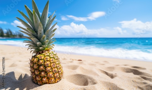 Pineapple fruit on sandy tropical beach with blue sky and sea water, blue ocean background with copy-space. Leisure in summer and holiday vacation concept.