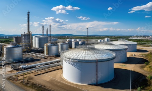 Modern industrial plant. Big oil tanks in refinery base. Storage of chemical products like oil, petrol, gas. Aerial view of petrol industrial zone.