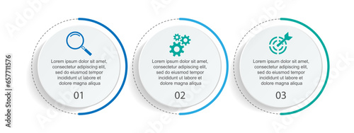 Business Infographic Template Design. Timeline minimal concept with 3 steps, options and marketing icons. Vector linear infographic with three connected elements. Can be used for your business present