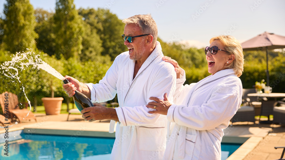 Senior Couple On Holiday Wearing Robes Opening Champagne By Hotel Swimming Pool On Spa Day
