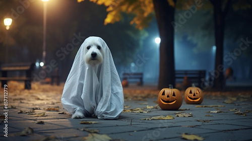 Cute dog with ghost costume in autumn park. Puppy in a ghost costume. Halloween concept.  photo