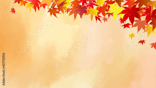 秋の紅葉と水彩背景のベクターイラストフレームテンプレート　16：9、水彩テクスチャ、カラフルなモミジ