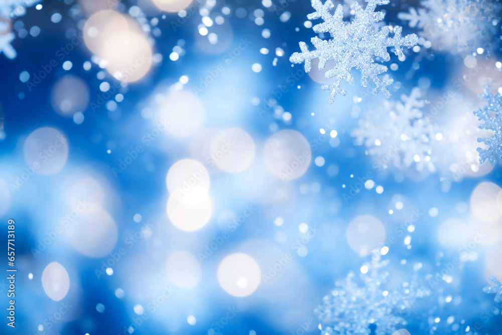Blurred Christmas background with snowflakes on blue bokeh lights background