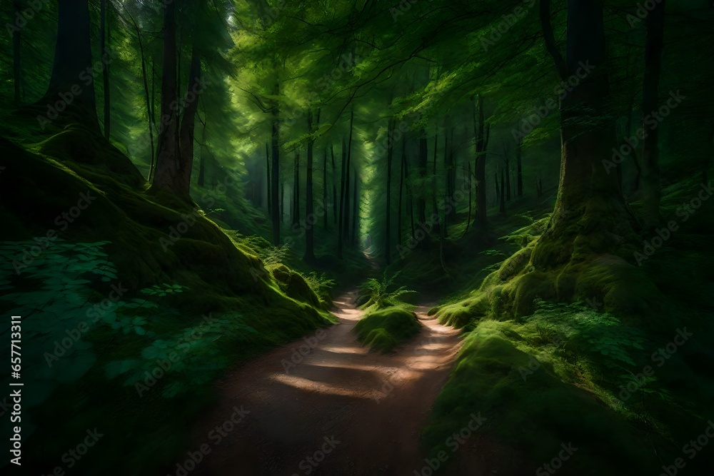 A serene, sunlit forest road amidst green foliage and woodland tranquility.