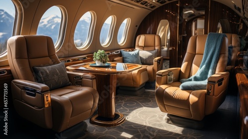 Dark toned private jet interior, sleek, clean,