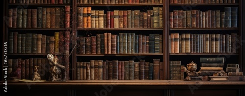 A bookshelf with a statue and a collection of books