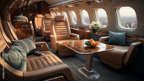 Dark toned private jet interior, sleek, clean, © Dushan