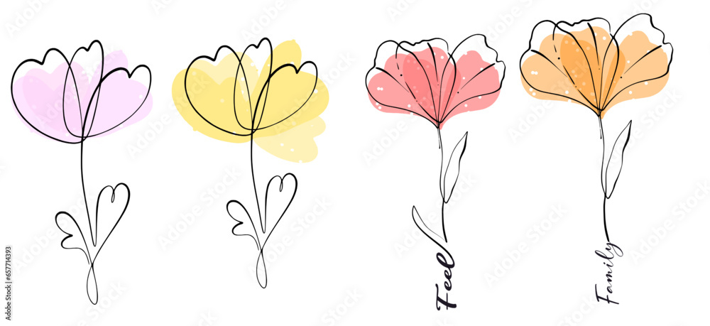 Line art flower on watercolor background family feel slogan design for card tattoo sketch 