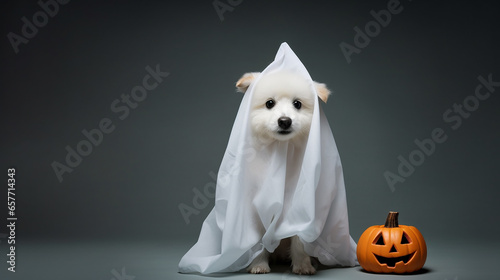 Cute dog wrapped in a sheet wearing a ghost costume on a minimalistic background. Halloween concept. 