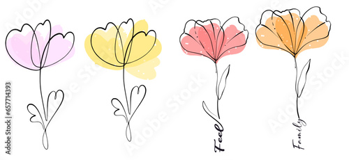Line art flower on watercolor background family feel slogan design for card tattoo sketch 
