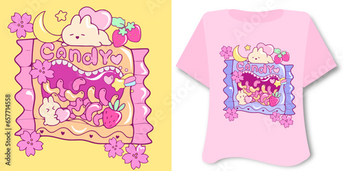 Kawaii sweet  candy  on blue background for t shirt . Inspirational quote card, invitation, banner, lettering, poster of a pink background 