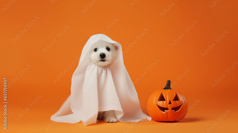 Cute dog wrapped in a sheet wearing a ghost costume on a minimalistic background. Halloween concept. Cute dog wrapped in a sheet wearing a ghost costume on a minimalistic background. Halloween concept.