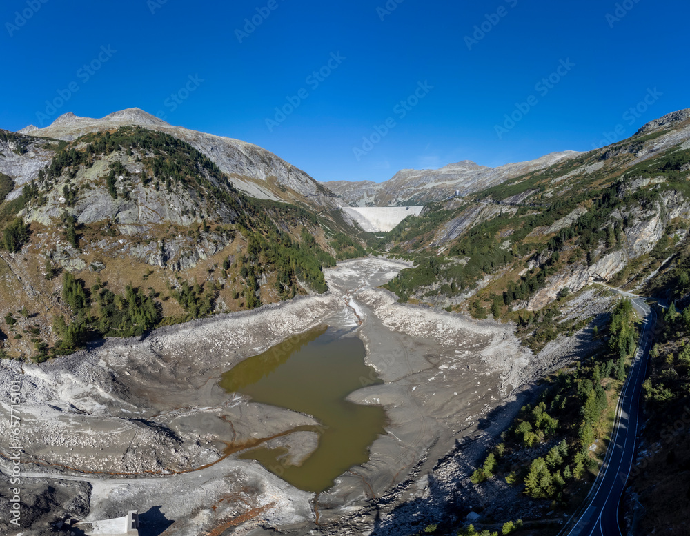 Panoramic drone view of Koelnbrein Dam in the Hohe Tauern range, a part of the hydroelectric power plant in Municipality Malta, Carinthia, Austria.