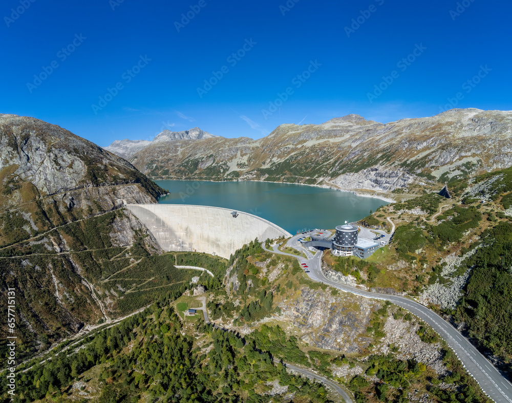 Panoramic drone view of Koelnbrein Dam in the Hohe Tauern range, a part of the hydroelectric power plant in Municipality Malta, Carinthia, Austria.