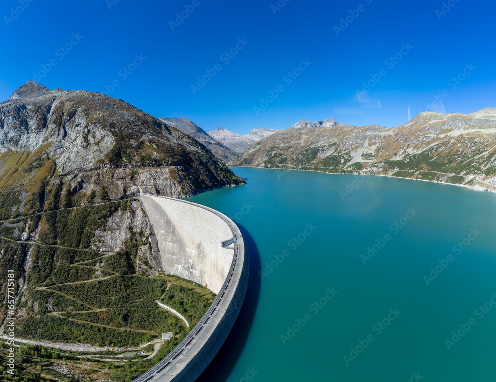 Panoramic drone view of Koelnbrein Dam in the Hohe Tauern range, a part of the hydroelectric power plant in Municipality Malta, Carinthia, Austria.
