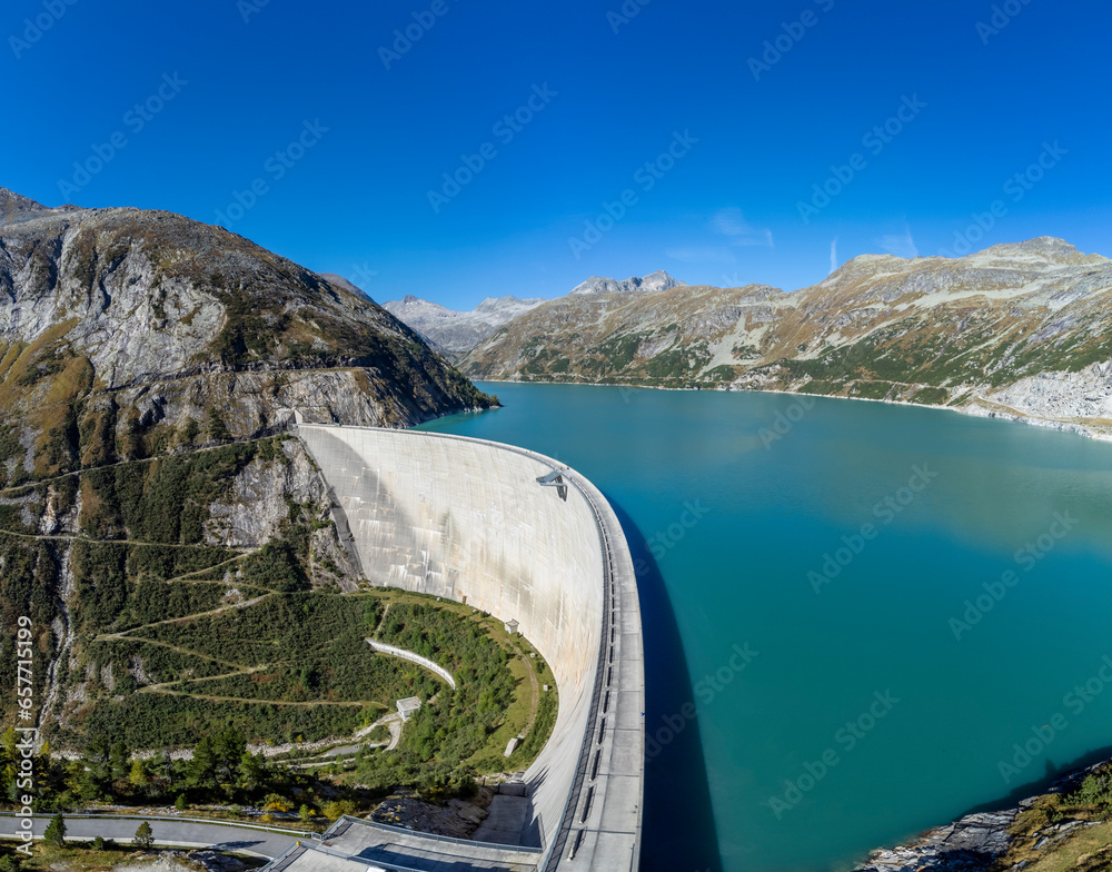 Panoramic drone view of Koelnbrein Dam in the Hohe Tauern range, a part of the hydroelectric power plant in Municipality Malta, Carinthia, Austria.