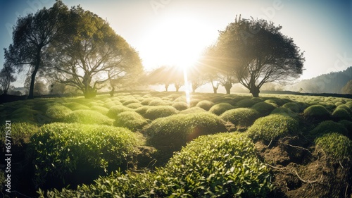 organic tea leaves farmland scenery for herbal planation generative ai photo