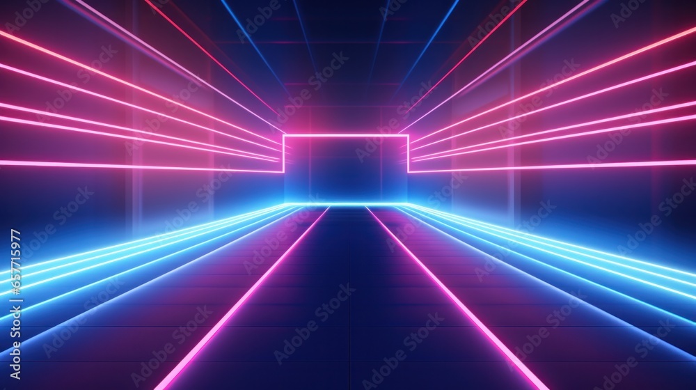 3D illustration, abstract neon tunnel background with blue and pink glowing lines. in the style of intersecting geometries, bright and bold.