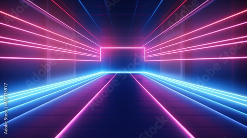 3D illustration  abstract neon tunnel background with blue and pink glowing lines. in the style of intersecting geometries  bright and bold.