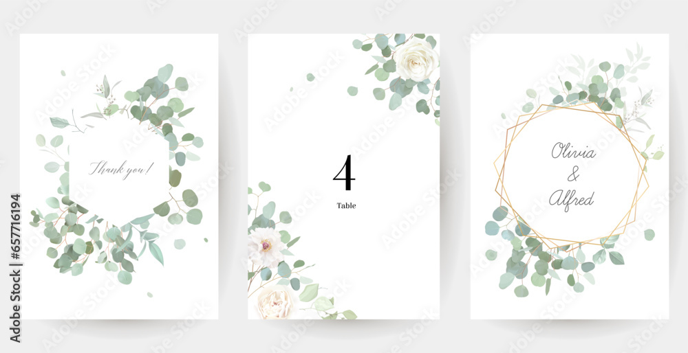 Floral eucalyptus selection vector frames. Hand painted branches, white flowers, leaves on white background