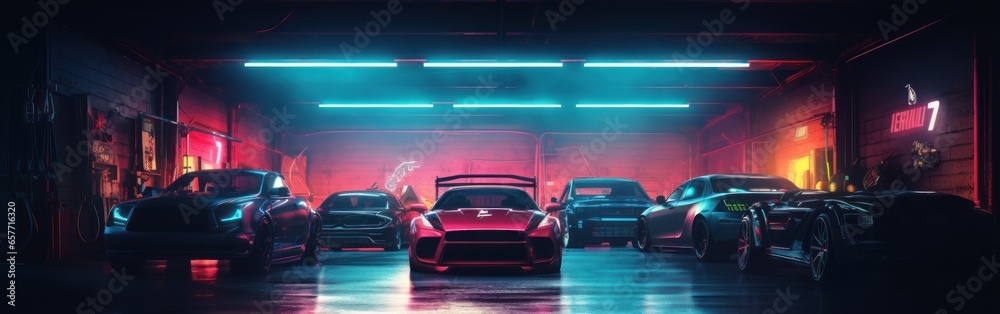 Panoramic view captures a high-end car garage, filled with neatly arranged supercars. Set against a dark environment with sparse lighting, the image exudes exclusivity and luxury. - obrazy, fototapety, plakaty 