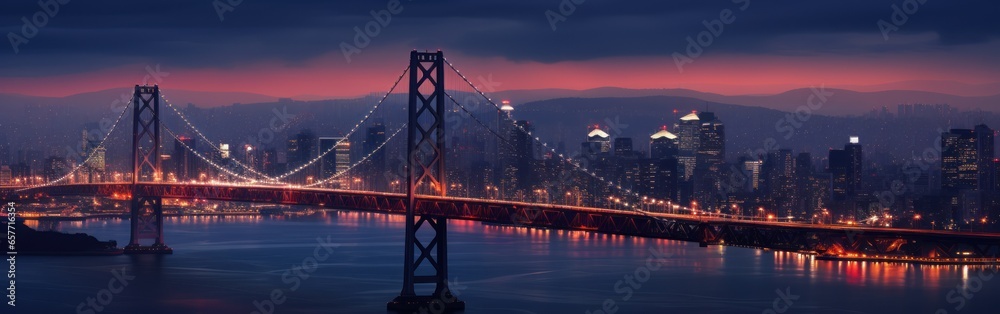 Fototapeta premium Panoramic view showcases a vibrant cityscape at night, complete with a bridge, towering skyscrapers, and a kaleidoscope of colorful lights. The image captures the essence of urban life and energy.